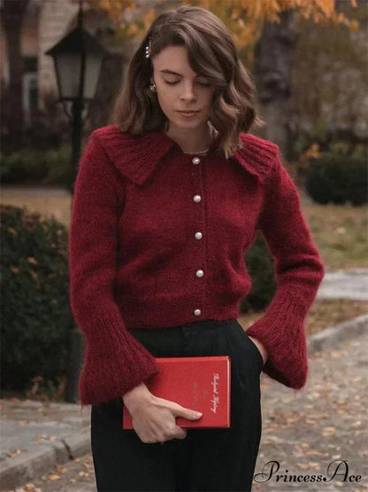 Pleated Lapel Patchwork 2000s Cardigan Burgundy / S cardigans-241228