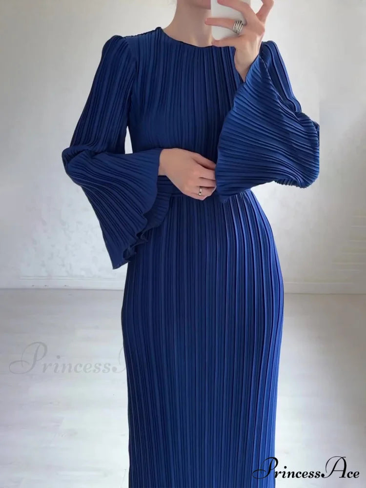 Pleated Ruffle Crew Neck Long Sleeve Casual Dress S / Blue