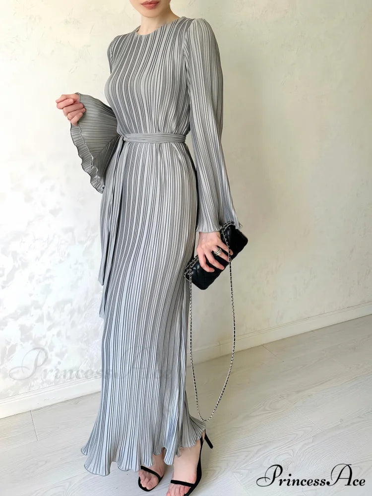Pleated Ruffle Crew Neck Long Sleeve Casual Dress XS / Blue