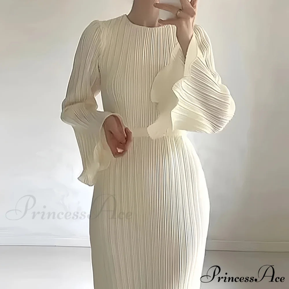 Pleated Ruffle Crew Neck Long Sleeve Casual Dress XS / Gray