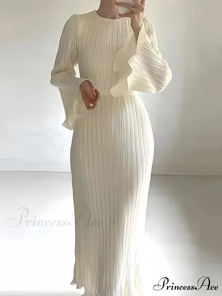 Pleated Ruffle Crew Neck Long Sleeve Casual Dress XS / White