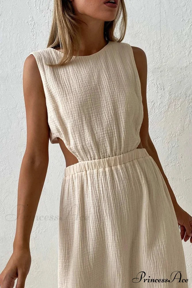 Pleated Tank Dress with Single-breasted Closure and Bare Waist