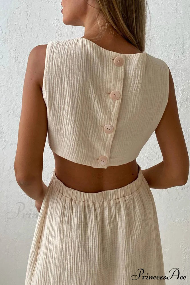 Pleated Tank Dress with Single-breasted Closure and Bare Waist Apricot / L