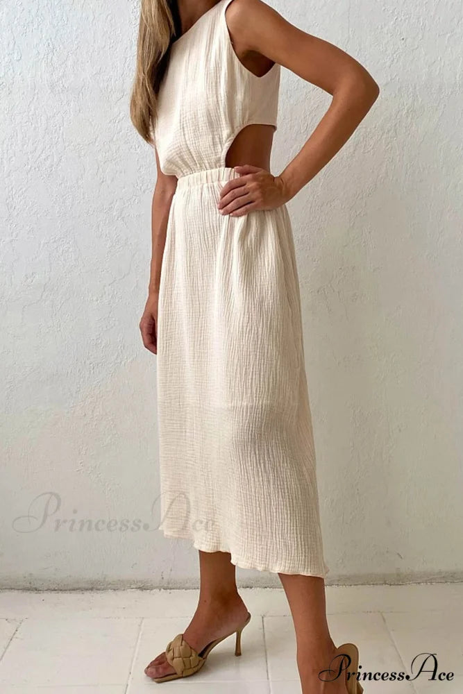 Pleated Tank Dress with Single-breasted Closure and Bare Waist Apricot / M