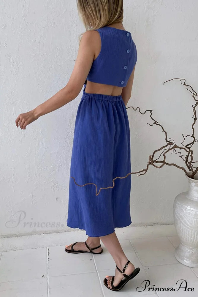 Pleated Tank Dress with Single-breasted Closure and Bare Waist Blue / M