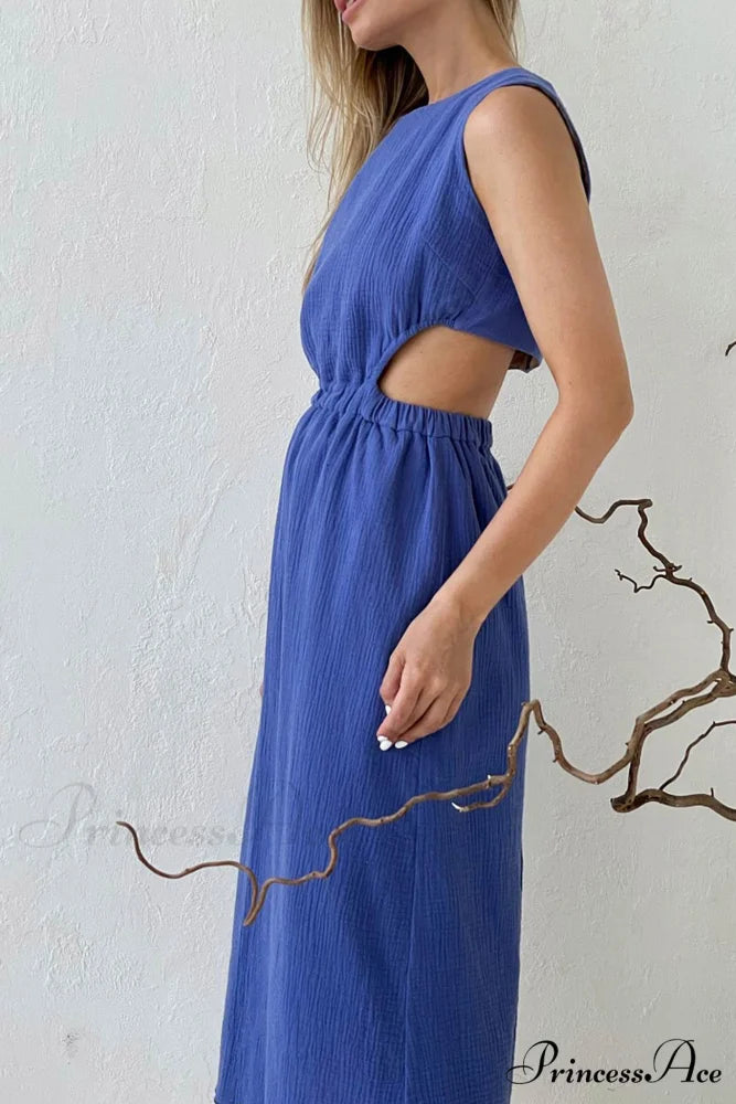 Pleated Tank Dress with Single-breasted Closure and Bare Waist Blue / S