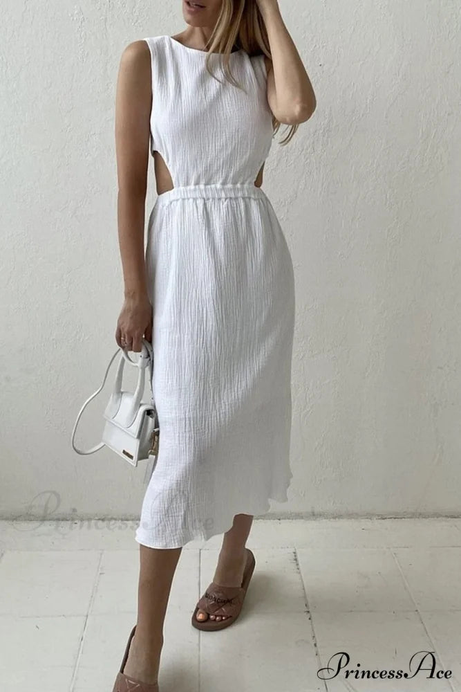 Pleated Tank Dress with Single-breasted Closure and Bare Waist White / L