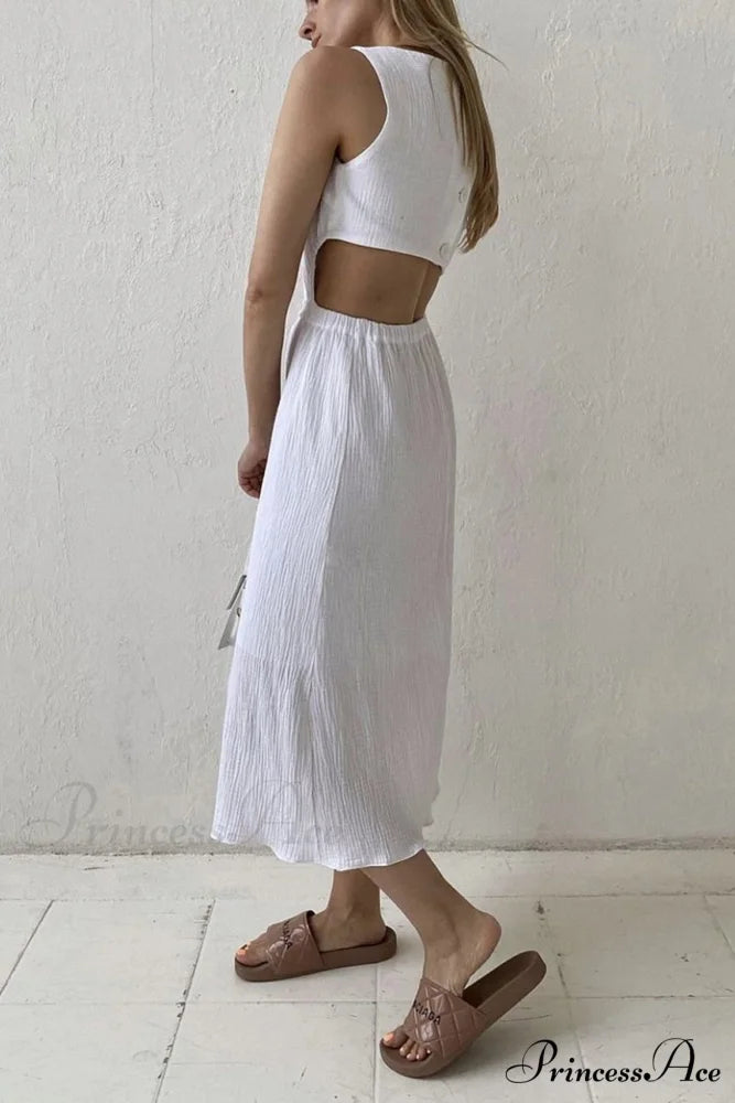 Pleated Tank Dress with Single-breasted Closure and Bare Waist White / M