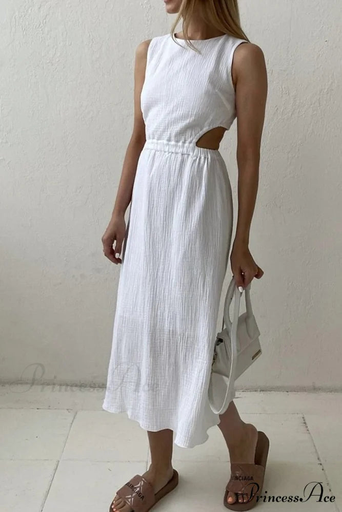 Pleated Tank Dress with Single-breasted Closure and Bare Waist White / S
