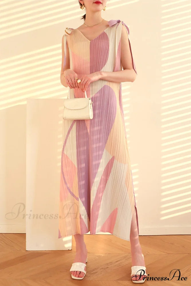 Pleated Tie-Shoulder Print Dress