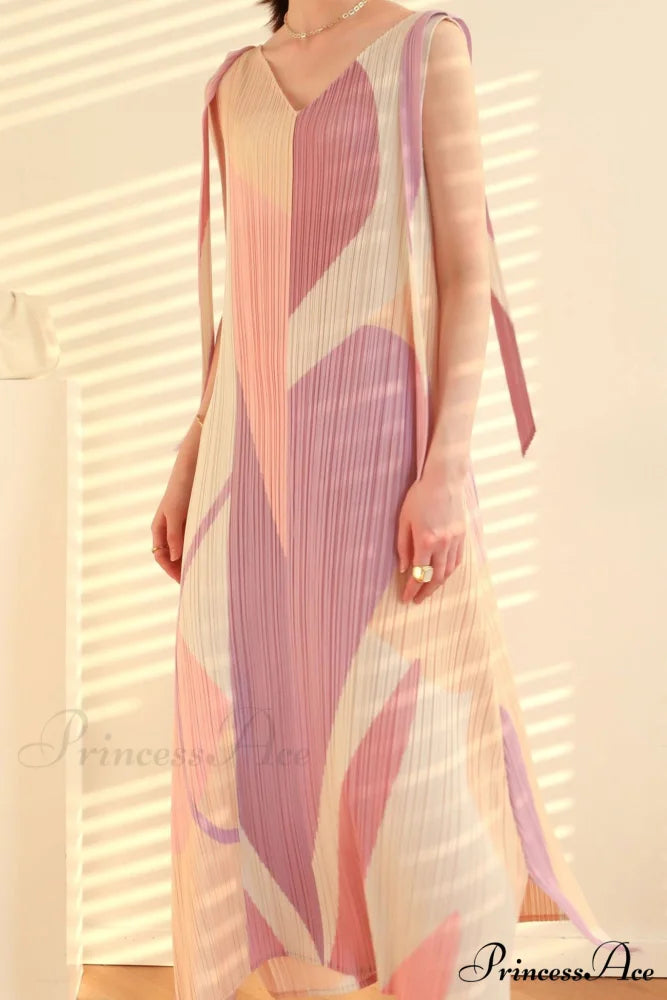Pleated Tie-Shoulder Print Dress Pink / One Size