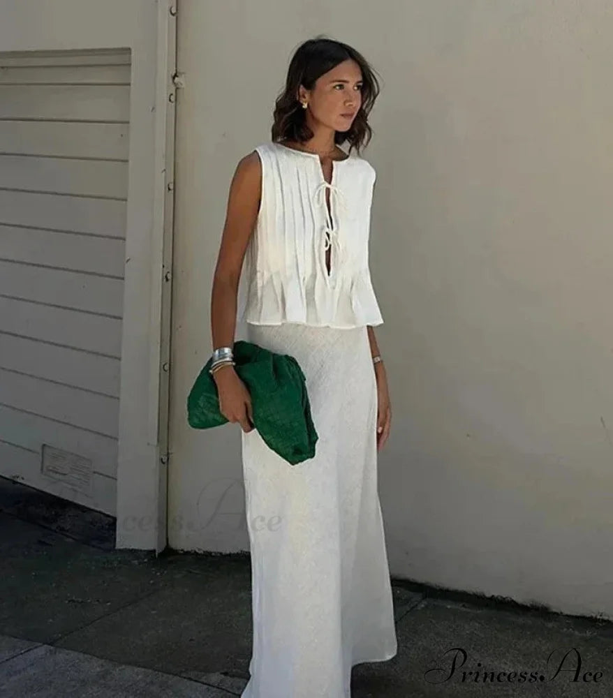 Pleated Tie Up Sleeveless Graceful Top And Midi Skirt Set