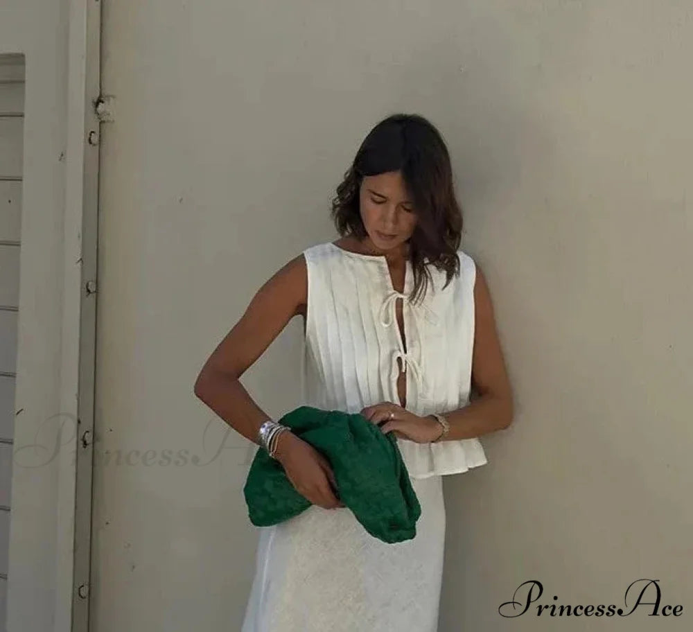 Pleated Tie Up Sleeveless Graceful Top And Midi Skirt Set