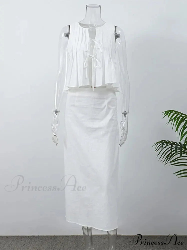 Pleated Tie Up Sleeveless Graceful Top And Midi Skirt Set