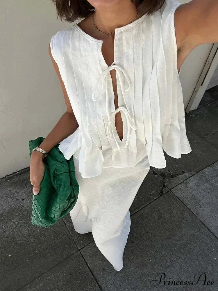 Pleated Tie Up Sleeveless Graceful Top And Midi Skirt Set