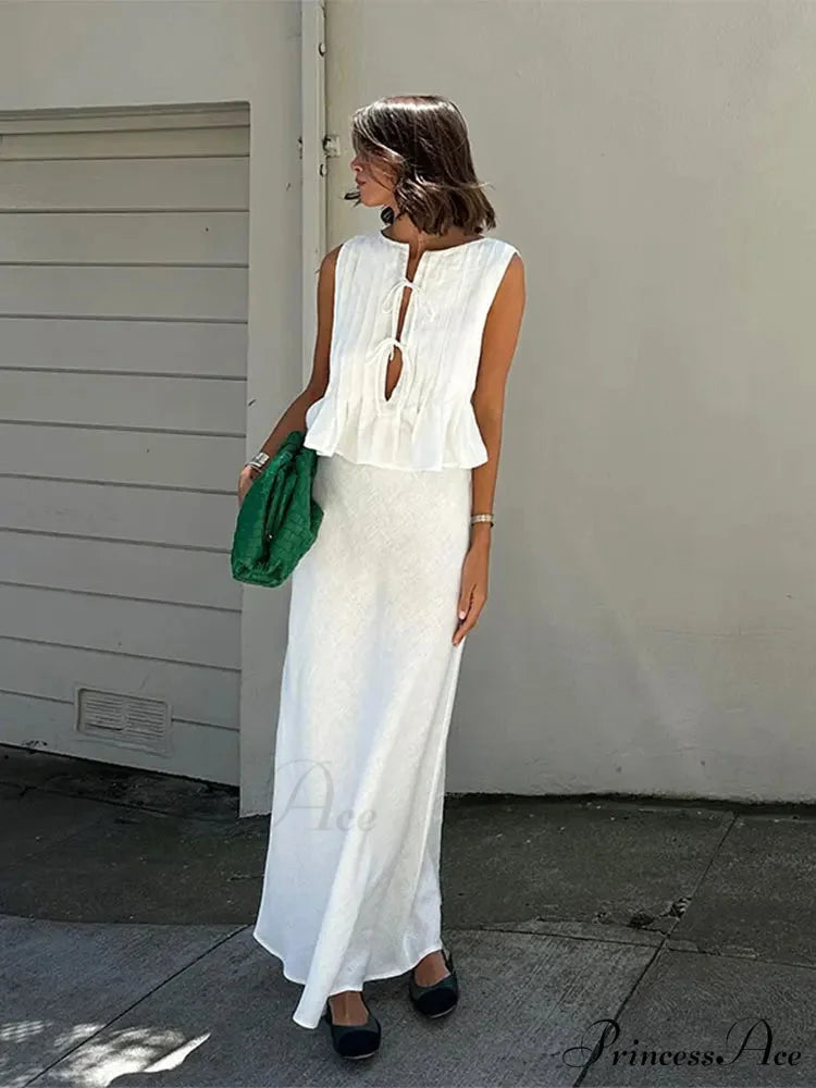 Pleated Tie Up Sleeveless Graceful Top And Midi Skirt Set White Sets / L