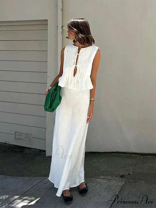 Pleated Tie Up Sleeveless Graceful Top And Midi Skirt Set White Sets / L
