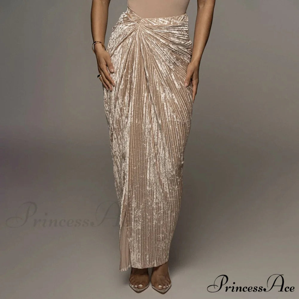 Pleated Velvet High Waist Twist High Split Party Skirt