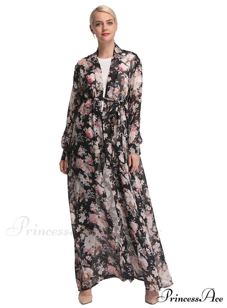 Plunging Neck Floral Print Belted Dress M / White