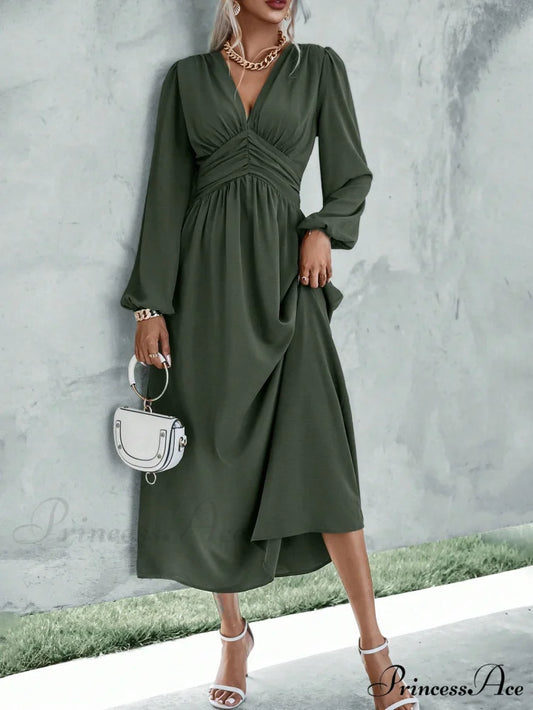 Plunging Neck Lantern Sleeve Waist Split Thigh Dress