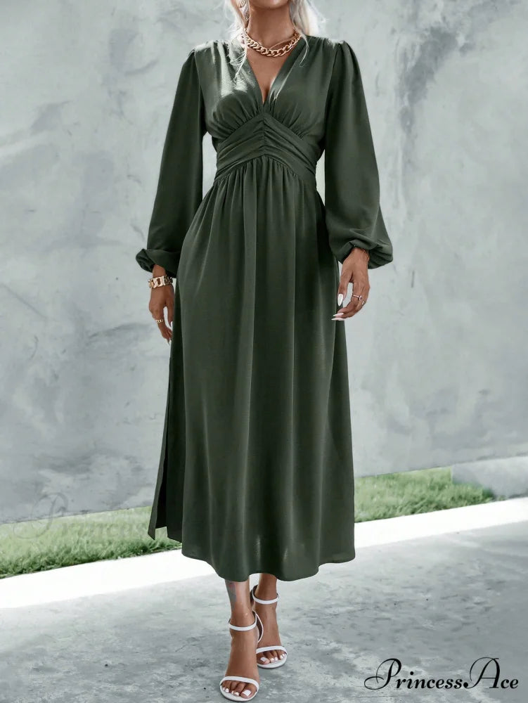Plunging Neck Lantern Sleeve Waist Split Thigh Dress