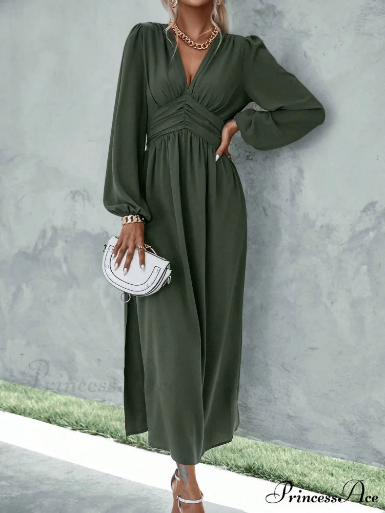 Plunging Neck Lantern Sleeve Waist Split Thigh Dress