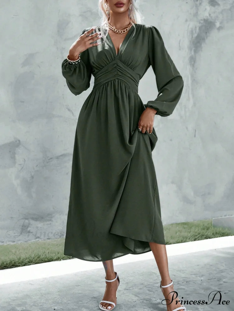 Plunging Neck Lantern Sleeve Waist Split Thigh Dress