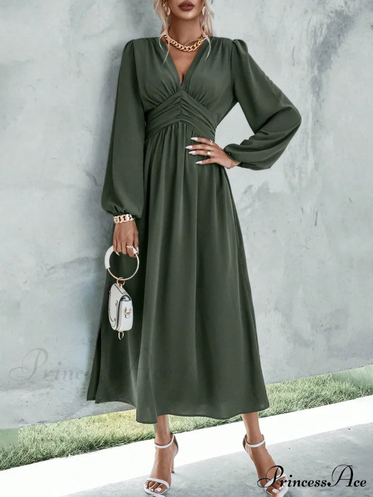 Plunging Neck Lantern Sleeve Waist Split Thigh Dress