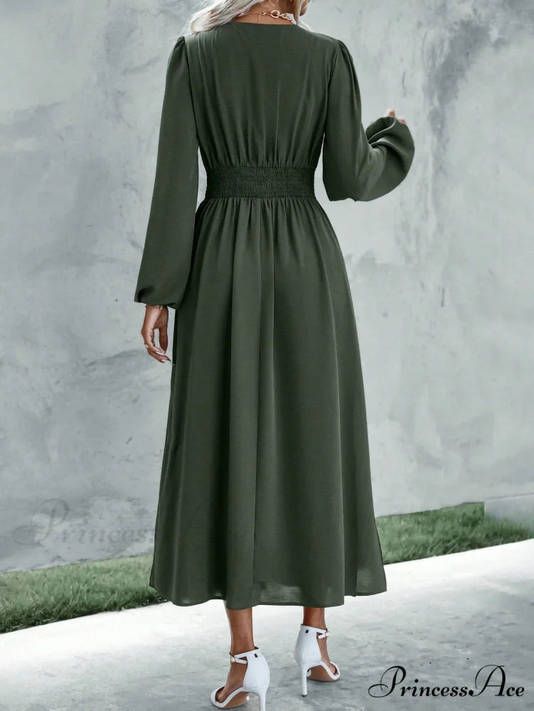 Plunging Neck Lantern Sleeve Waist Split Thigh Dress