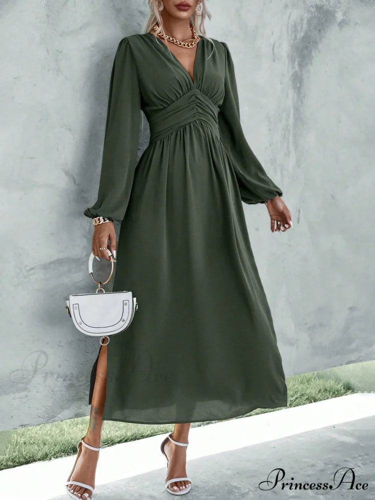 Plunging Neck Lantern Sleeve Waist Split Thigh Dress