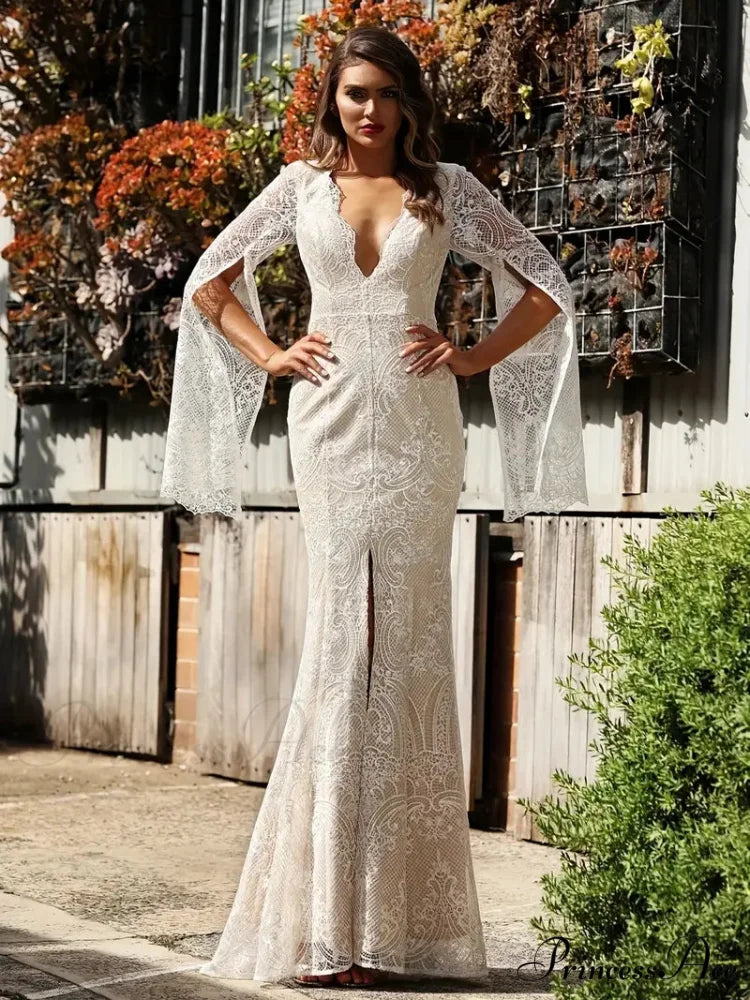 Plunging V-neck Lace Maxi Dress with Slit