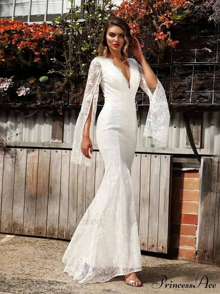 Plunging V-neck Lace Maxi Dress with Slit
