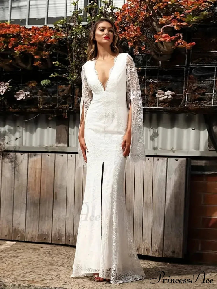 Plunging V-neck Lace Maxi Dress with Slit