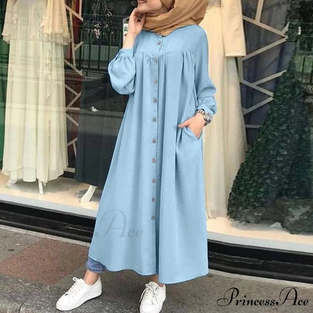 Plus Arm Long Female Muslim Vestidos Full-Length Robe Wasit Size Button Solid Blouse High Gown Sundress A Solid Blue / S