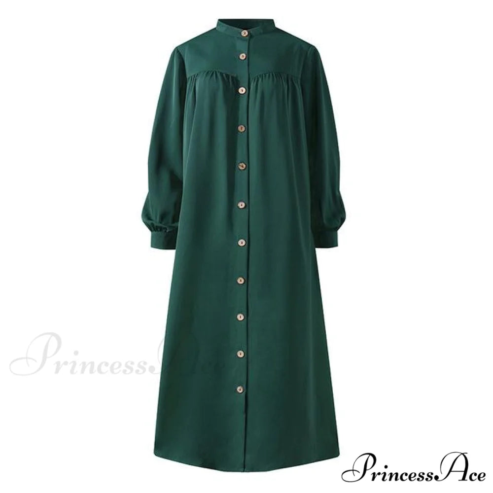 Plus Arm Long Female Muslim Vestidos Full-Length Robe Wasit Size Button Solid Blouse High Gown Sundress A Solid Green