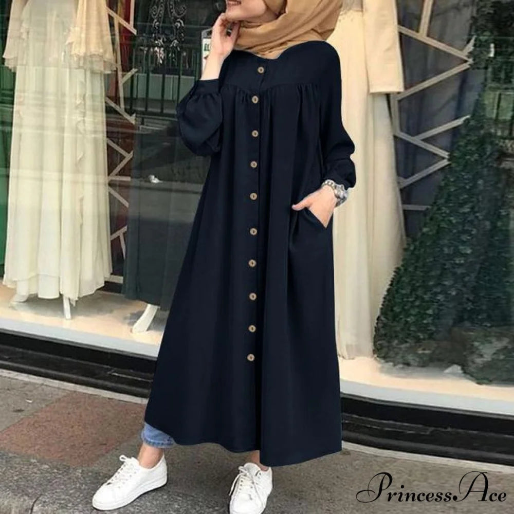 Plus Arm Long Female Muslim Vestidos Full-Length Robe Wasit Size Button Solid Blouse High Gown Sundress A Solid Navy / S