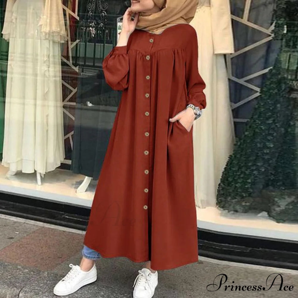 Plus Arm Long Female Muslim Vestidos Full-Length Robe Wasit Size Button Solid Blouse High Gown Sundress A Solid Orange