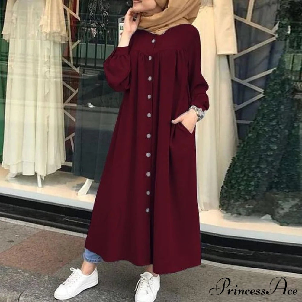 Plus Arm Long Female Muslim Vestidos Full-Length Robe Wasit Size Button Solid Blouse High Gown Sundress A Solid Wine