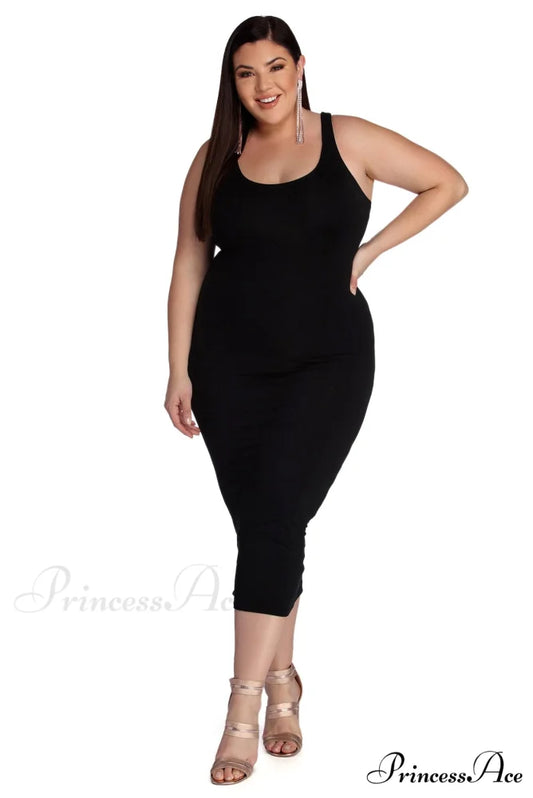 Plus Basic Stylish Essentials Midi Dress BLACK / 1X