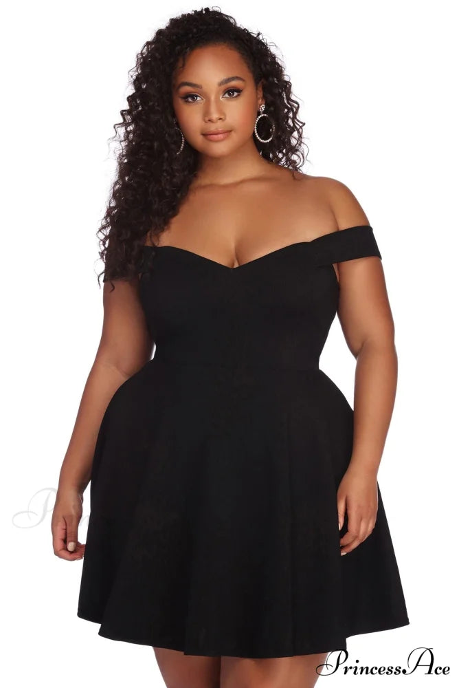 Plus Charming Stylish Sweetheart Skater Dress BLACK / 1X