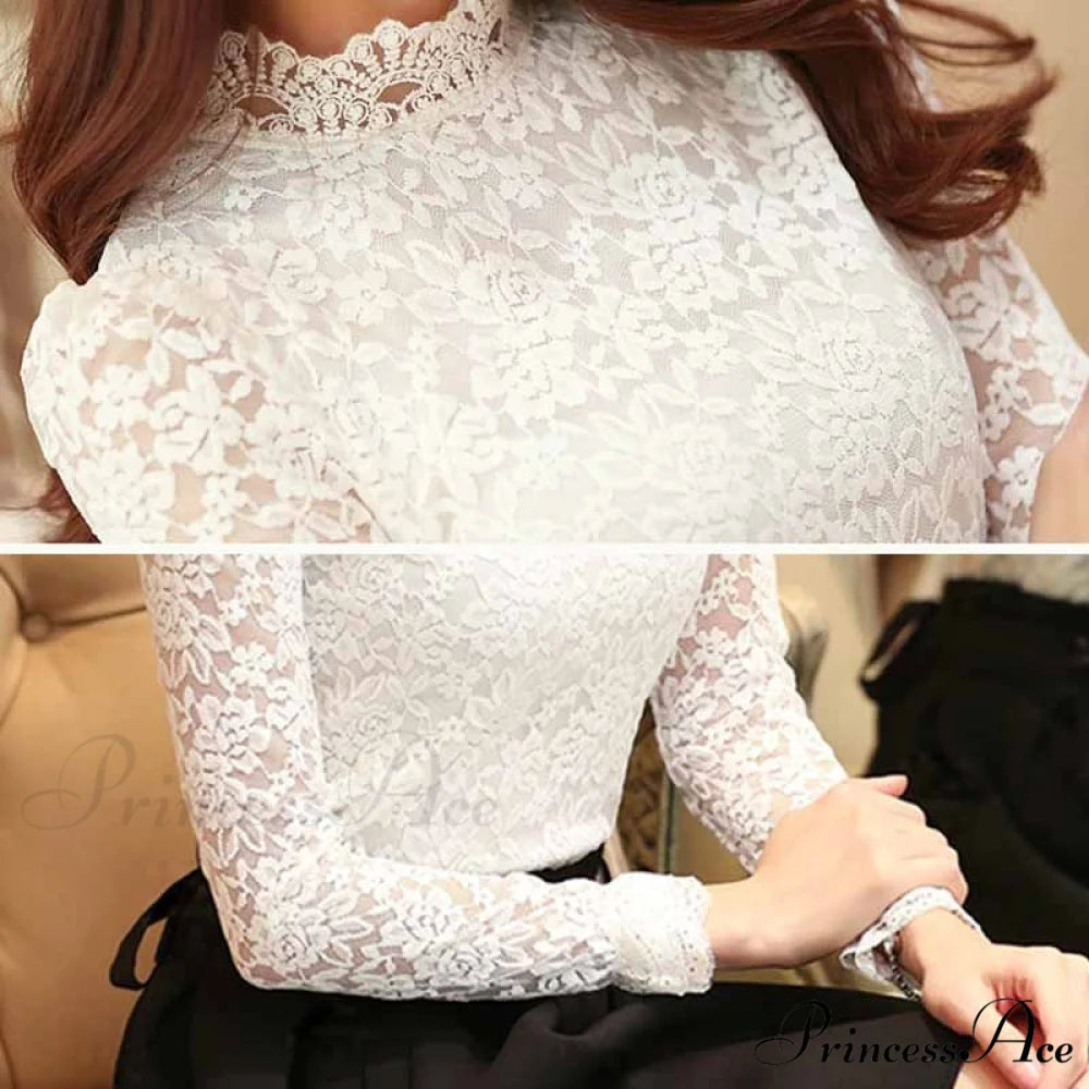 Plus Hollow White Woman Crocheted Arm Size Long Blouse Neckline Out Lace Stand-up Shirts