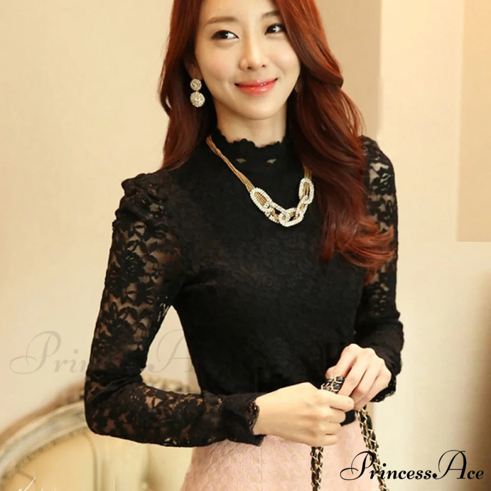 Plus Hollow White Woman Crocheted Arm Size Long Blouse Neckline Out Lace Stand-up Shirts Black / S