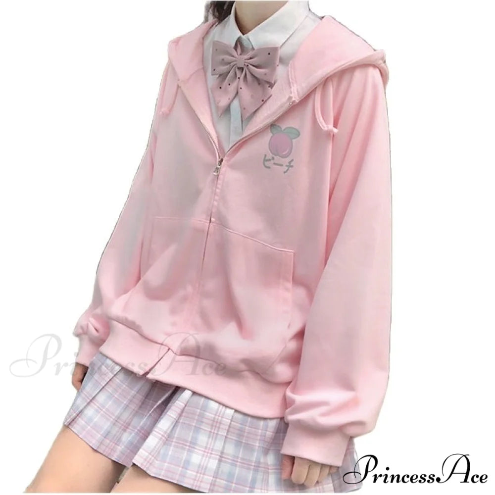 Plus Hoodie Design Women Fruit Sweatshirt Harajuku Loose Thin Zipper Sweet Pink Pocket Cute Size Spring Clothes