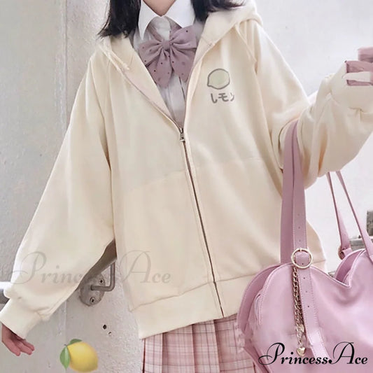 Plus Hoodie Design Women Fruit Sweatshirt Harajuku Loose Thin Zipper Sweet Pink Pocket Cute Size Spring Clothes Beige