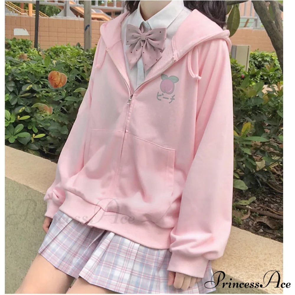 Plus Hoodie Design Women Fruit Sweatshirt Harajuku Loose Thin Zipper Sweet Pink Pocket Cute Size Spring Clothes Pink / S