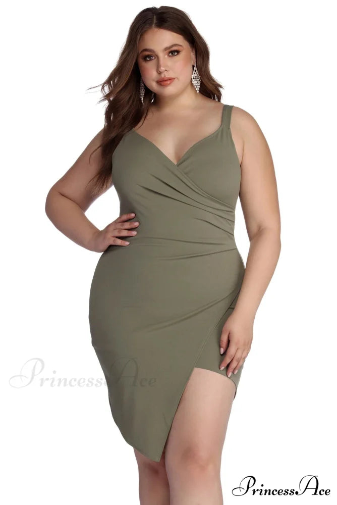 Plus Hot Stylish Stuff Asymmetrical Dress OLIVE / 1X
