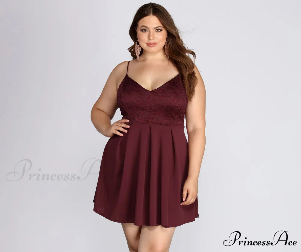 Plus Lace Stylish Appeal Skater Dress BURGUNDY / 1X