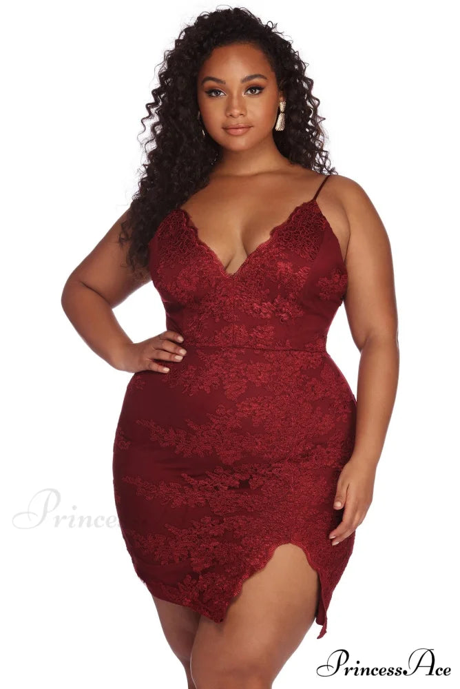 Plus Lace Stylish Darling Mini Dress BURGUNDY / 1X