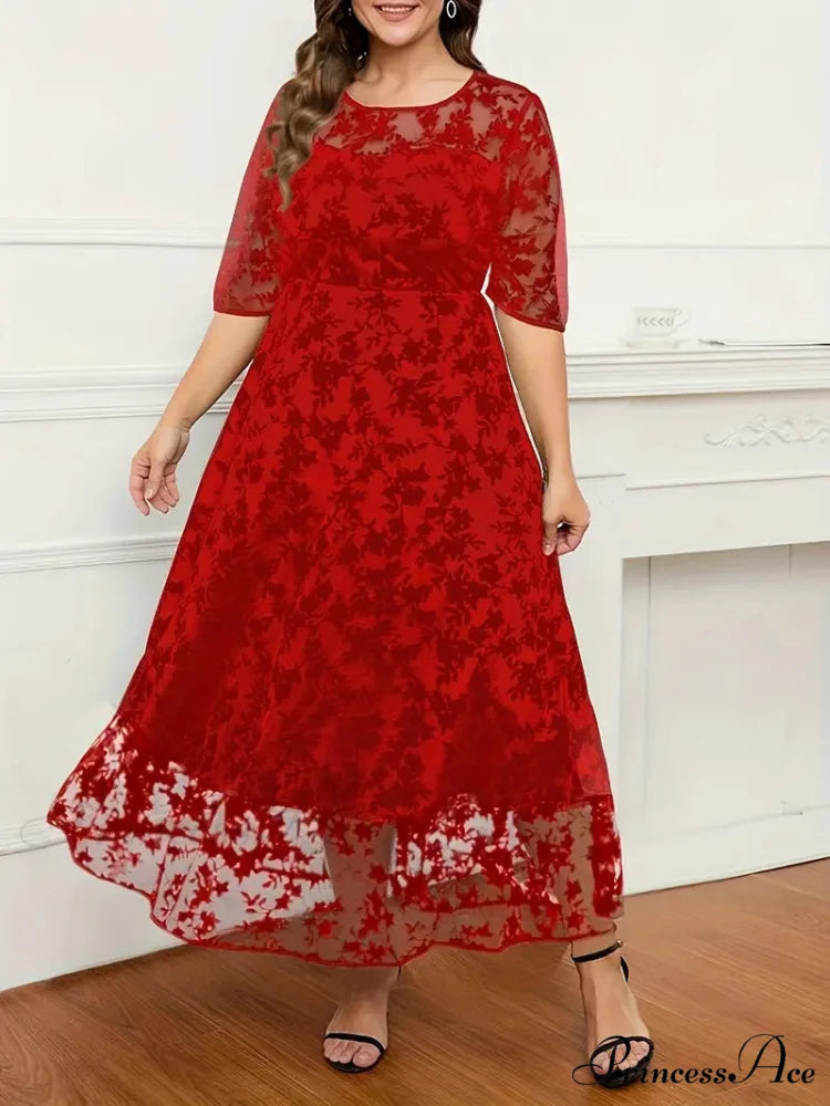 Plus Size Black Lace Embroidery Ruffled Hem Maxi Dress 2XL / Red