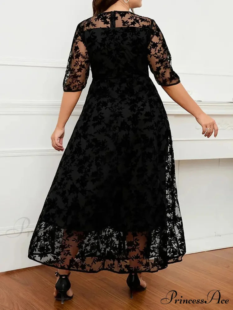 Plus Size Black Lace Embroidery Ruffled Hem Maxi Dress XL / Blue